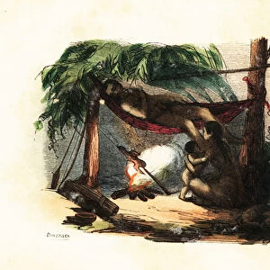 Nomadic Puri family relaxing in a hut made of leaves and branches, man lying in hammock, woman roasting meat on a fire