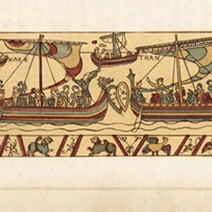 The Norman flotilla sails across the channel to Pevensey. 1856 (chromolithograph)