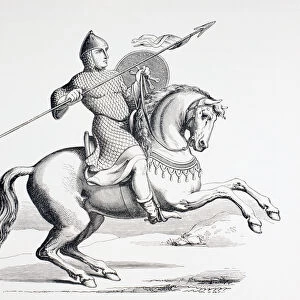 A Norman Knight dressed in Chain Mail and Helmet carrying Spear and Shield, 1873 (litho)