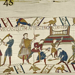 Normans construct fortifications at Hastings, Bayeux Tapestry (wool embroidery on linen)