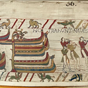 The Normans pull their ships to the sea, Bayeux Tapestry (wool embroidery on linen)
