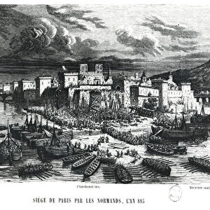 Norsemen besieging Paris in 885, 19th century (engraving) (b / w photo)