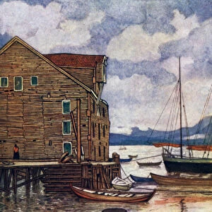 Norway: Old Warehouse and Boats, Molde (colour litho)