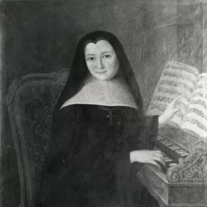 A Nun from the Abbaye de Montmartre Teaching the Harpsichord (oil on canvas) (b / w photo)