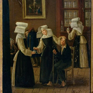 Nuns dressing a sick man (oil on canvas)
