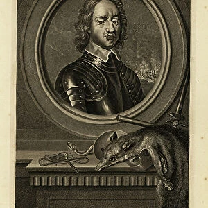 Oliver Cromwell, Lord Protector of the Commonwealth. In suit of armour with lace collar. With sword, fox skin, snake, mask, and scales. Copperplate engraving by Pierre Drevet after Adriaen van der Werff from Isaac de Larrey's Histoire