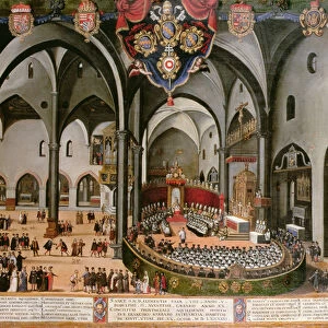 Organ door depicting the Council of Aquileia in 1596 at Udine (oil on panel)