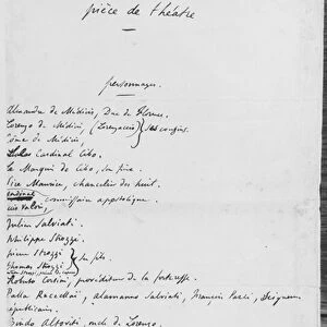 Original manuscript of Lorenzaccio, list of characters, 1834 (pen & ink on paper) (b / w photo)