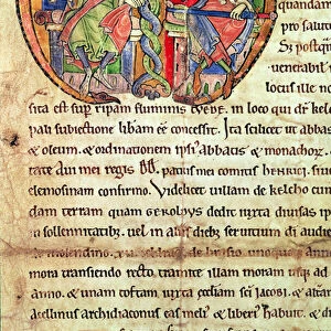 Page from the Charter of Kelso Abbey with an illuminated initial depicting King David I (1084-1153) and his grandson Malcolm IV (1141-65) 1159 (vellum)