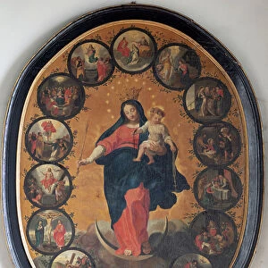 Painting, "Our Lady on Crescent Moon", surrounded by the mystery of the Rosary, tondo (18th century)