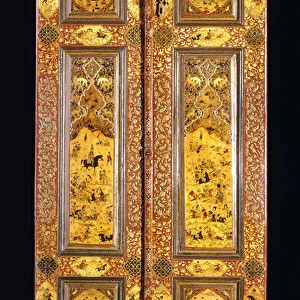 A pair of lacquer panelled doors, painted with Safavid style scenes of battle, 19th - early 20th century (lacquered wood)