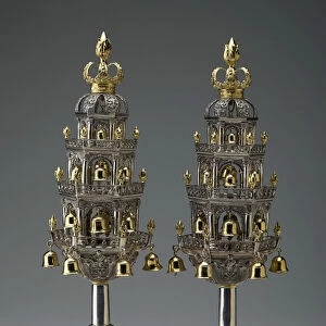 Pair of Torah Finials, c. 1765 (silver and brass; cast, repousse, chased, partly gilded)