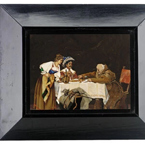 Panel depicting a cavalier and a monk at a dinner table with a lady in attendance
