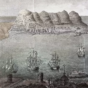 Panoramic view of Gibraltar and the Detroit. 19th century Madrid, National Library