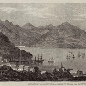 Panoramic View of Port Lyttelton, Canterbury, New Zealand, from the Bridle-Path to Christchurch (engraving)