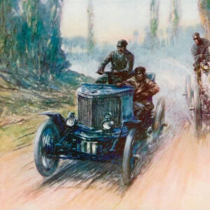 In the Paris-Amsterdam race of 1898 Charrons white Panhard was fitted with wheel instead of tiller steering for the first time in racing history (colour litho)