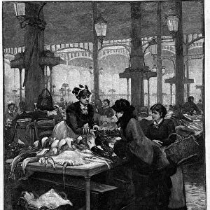 Parisian scene in the 19th century: a fish merchant and a client at Halles central