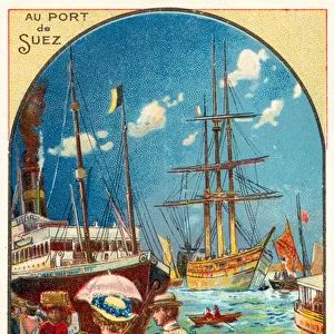Passengers boarding a ship of the Austrian Lloyd line at the port of Suez, Egypt (chromolitho)