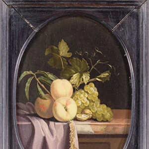 Peaches, Grapes and Walnuts on a Draped Ledge (one of a pair)