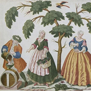 Peasants and bourgeois dealing with wine (colour engraving)