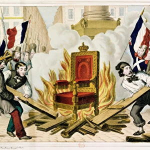 The People Burning the Throne at the Place de la Bastille, 1848 (colour litho)