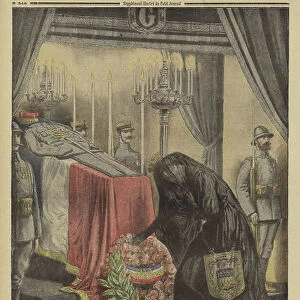 The people of Paris paying homage to General Joseph Gallieni, saviour of the city at the First Battle of the Marne in 1914 during World War I, following his death, 1916 (colour litho)