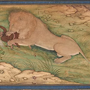 Perils of the Hunt, A Lion pounces on a Hunter, c. 1615 (opaque w / c on silk)