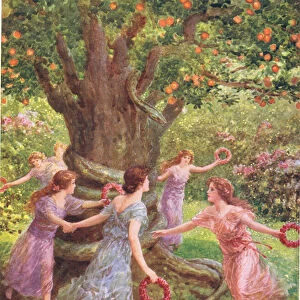 Perseus saw them dancing around the charmed tree, illustration for How Perseus slew the Gorgon from The Heroes of Greek Fairy Tales, by Charles Kingsley (1819-75) (colour litho)