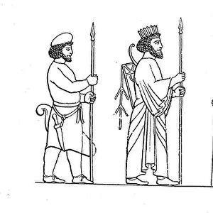 Persian foot soldiers with lance, shield and bow in scabbard, Persepolis, History of Fashion