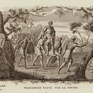 Pharamond I, King of the Franks, raised up on a shield, 420 (engraving)