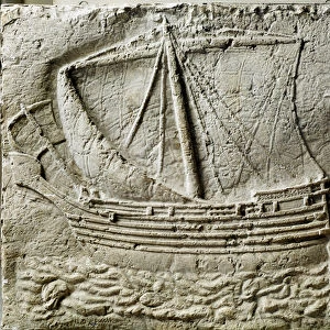 Phenician art: bas relief of sarcophagus representing a merchant ship - From the old port