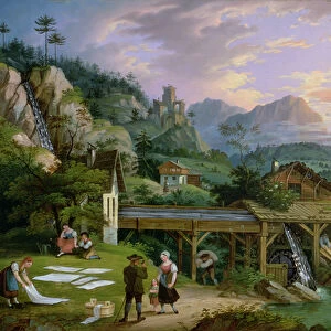 Picture Clock with scene of an Alpine village landscape with clock mechanism in church tower