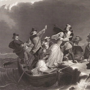 The Pilgrims Landing at Plymouth Rock in 1620, 1869 (b / w engraving)