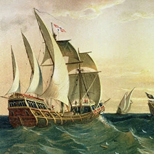 The Pinta, the Nina and the Santa Maria sailing towards the West Indies in 1492, from The Discovery of America, 1878 (colour litho)