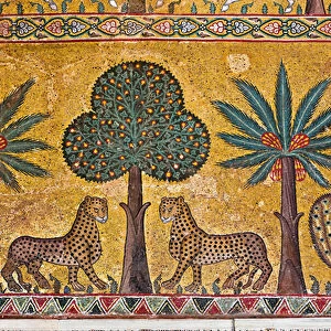 Pisana Tower, the King Roger Room, detail with leopards and palm and banana trees (mosaic)