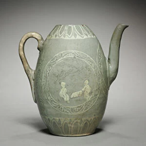 Pitcher with Inlaid Figure and Willow Design, 1200s (celadon ware with inlaid white and black slip decoration)