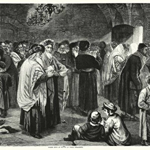 Polish Jews at prayer in their synagogue (engraving)