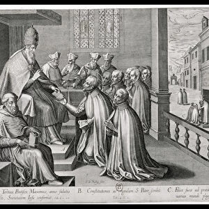 Pope Paul III (1468-1549) Receiving the Rule of the Society of Jesus, 1540 (engraving)