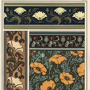 The poppy, Papaver somniferum, in wallpaper and fabric patterns. Lithograph by Verneuil, 1897 (lithograph)
