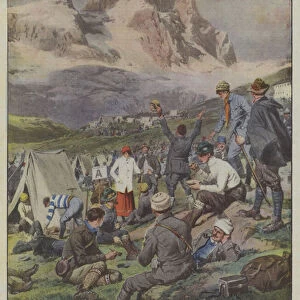 The popular alpine excursion from the Matterhorn to the Rose, the thousand and more climbers camped in the Breuil basin at 2004 meters (colour litho)