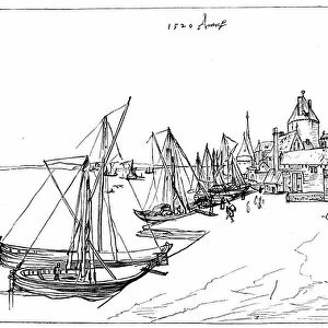 Port of Antwerp (Anvers) in 1520. After drawing by Albrecht Durer