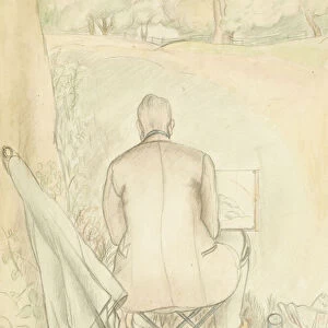 Portrait of the artists husband, Reginald Brill, sketching, c