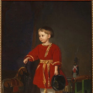 "Portrait d un petit garcon en robe rouge avec des jouets militaires"(Portrait of a boy in a red dress with military toys) Peinture d Adolf Jebens (1819-1888) 1849 Art and pedagogical toy museum, Sergiyev Posad