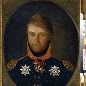 Portrait Dmitry Petrovich Neverovsky (1771-1813). Officier militaire russe, il est vetu de son uniforme et ses medailles honorifiques dont la croix de Saint George (croix blanche avec ruban orange et noir)