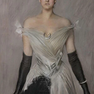 Portrait of a lady in white with gloves and fan, detail, 1889 (pastels on canvas)