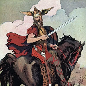 Portrait of Vercingetorix (82 BC-46 BC) chieftain of the Arverni tribe, on his horse Illustration by Georges Conrad (1874-1936) taken from " Nos-Gloires-Nationales" 1920 Private collection