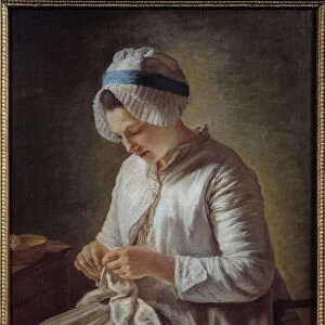 Portrait de woman has the book Young woman knitting. Painting by Francoise Duparc