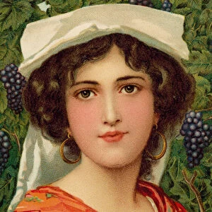 Portrait of a woman with a grape vine (colour litho)