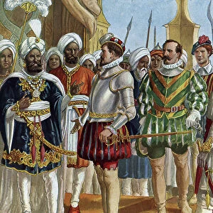 Portuguese navigator Pedro Alvares Cabral (1460-1526) at the court of the king (Zamorin) of Calicut (Kozhikode) on 13/09/1500 to negociate the establishment of a counter
