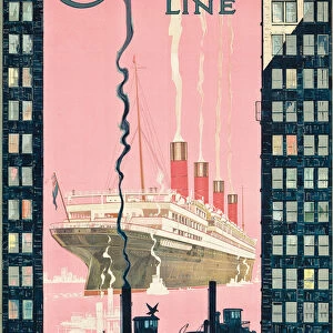 Poster advertising travel from Europe to America with shipping company Cunard Line, c